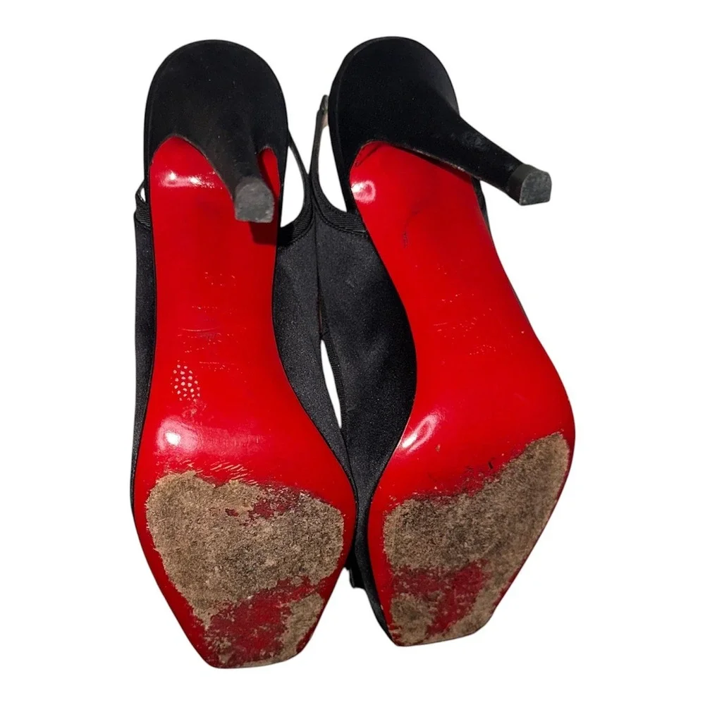 Christian Louboutin Black Satin Sling Back Bow kitten Pumps - Size 37.5
